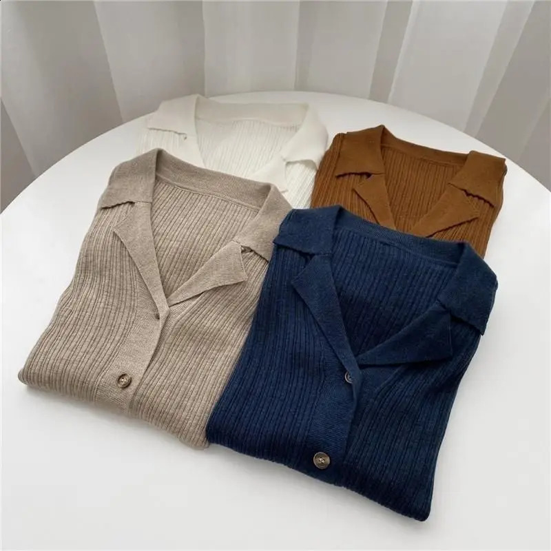 Autumn Winter Simplicity Turn-down Collar Cardigan Women Clothing Fashionable Buttons Solid Color Knitting Top Tee Ladies Tops 240824