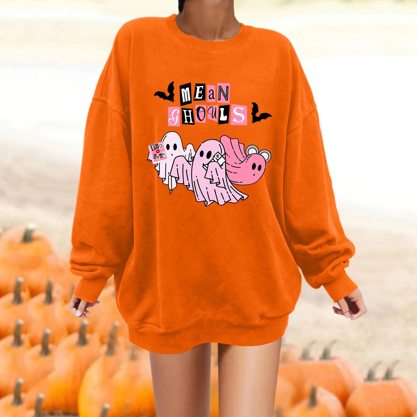 Womens Halloween Hoodie Bat Ghost Multi-Element Printed Hoodie Winter Beautiful Warm All Match Casual Pullover Fashion Hoodie 240824