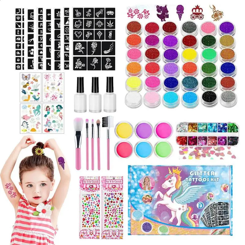 36 Color Diamond Sparkling Art Charm Sparkling Tattoo Set Sparkling Powder Stickers Makeup Brush Temporary Tattoo Set 240823