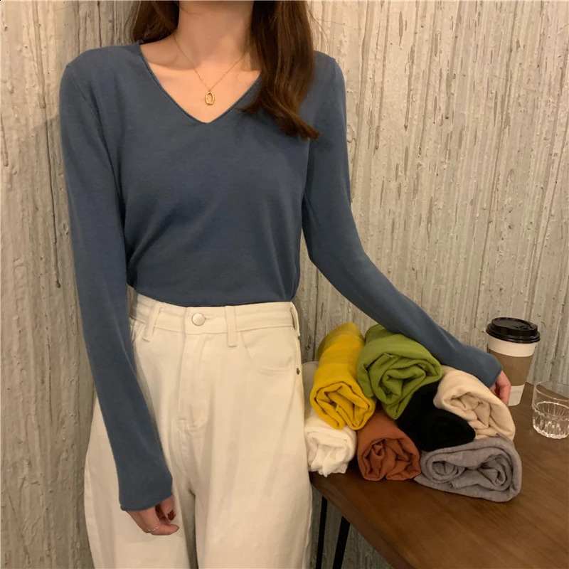 V-neck Sweater for Women Pullovers Long Sleeve Regular-fit Plain Jumper Knitwear Teen- Fall Winter Basic Outfit 240824