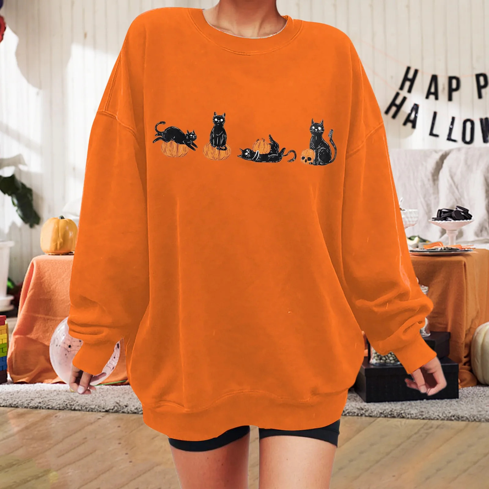 Autumn Oversized Casual Sweatshirt for Women Halloween Graphic Print Pullover Warm Long Sleeves O-Neck Top Female Fashion Hoodie 240824