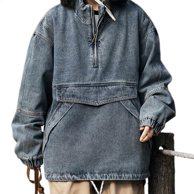 Japanese style semi zip clothing washing mens retro denim jacket rack collar loose fit drawstring jeans bottom 240824