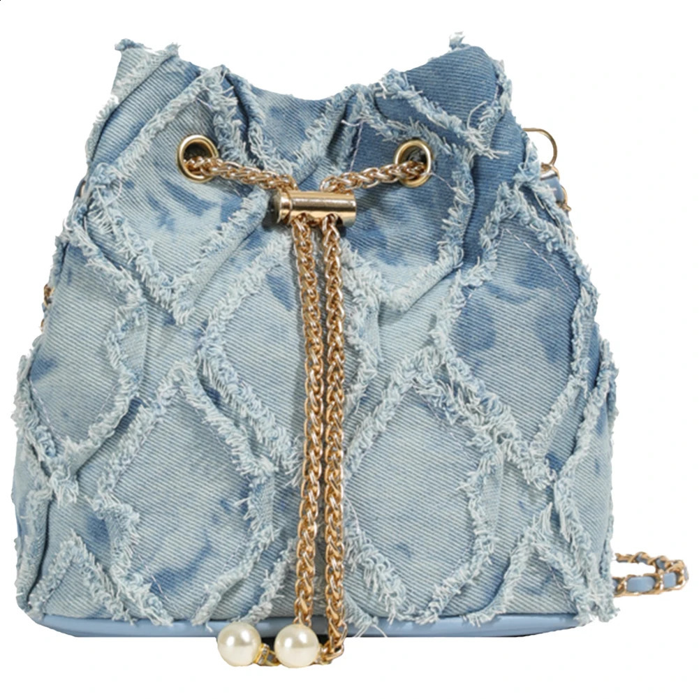 Denim Crossbody Bag Diamond Pattern Women Shoulder Bag Drawstring Jean Purse Adjustable Strap Hobo Bag 241228