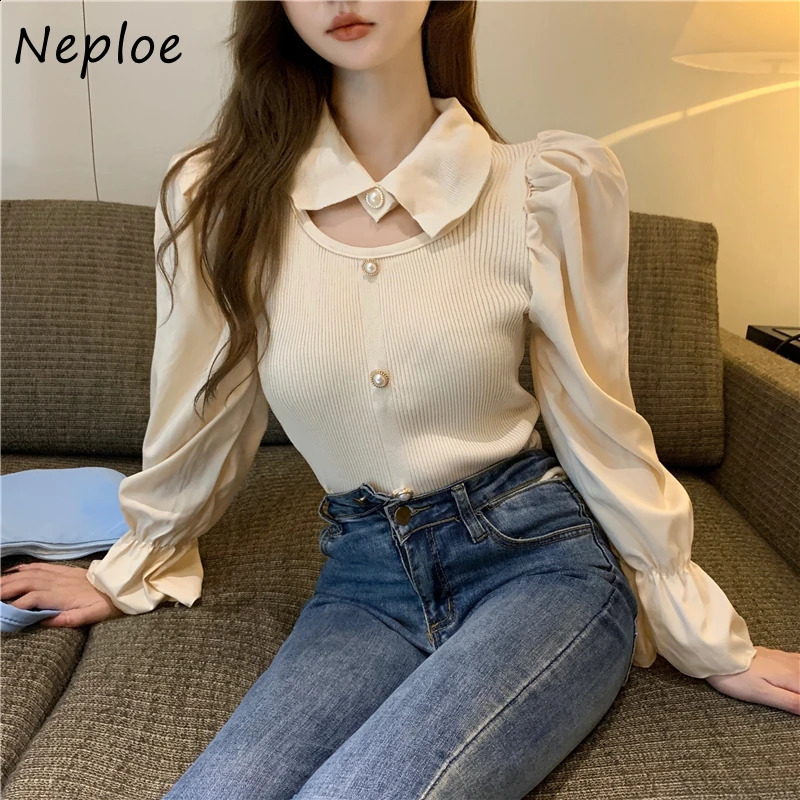 Turn Down Collar Spliced Shirt Woman Puff Long-sleeved Knit Tops Mujer Autumn Temperament Sweater Pullover Women 240824