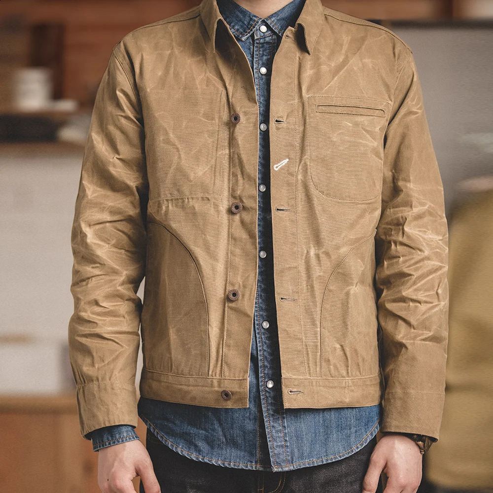 Maden Canvas Oil Wax Men Jackets Khaki Retro Multipocket Beaded AmeKaji Jacket Big Pocket Solid Vintage Clothing 240824