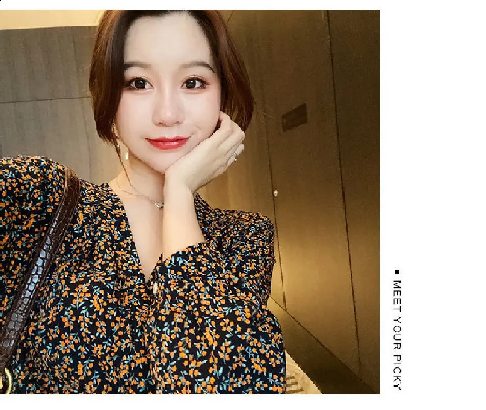 Autumn fashion womens printed dress French elegance long sleeves V-neck skirt slim waist adjustable waist line umbrella ski 240824