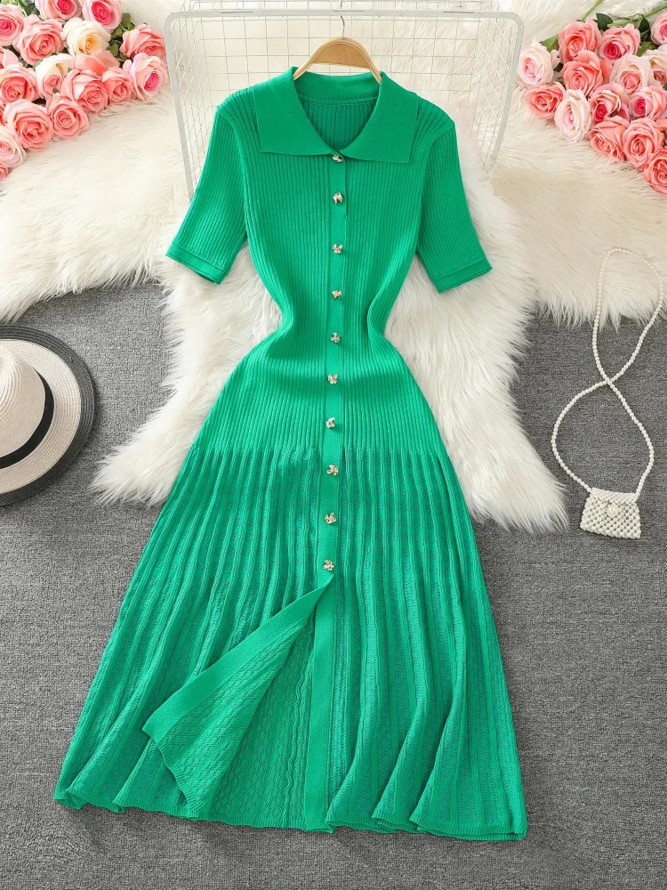 Summer Womens Black Rice Single Chest Knitted Long Skirt Green Elegant Office Short Sleeve Folded Dress Fashion 240824