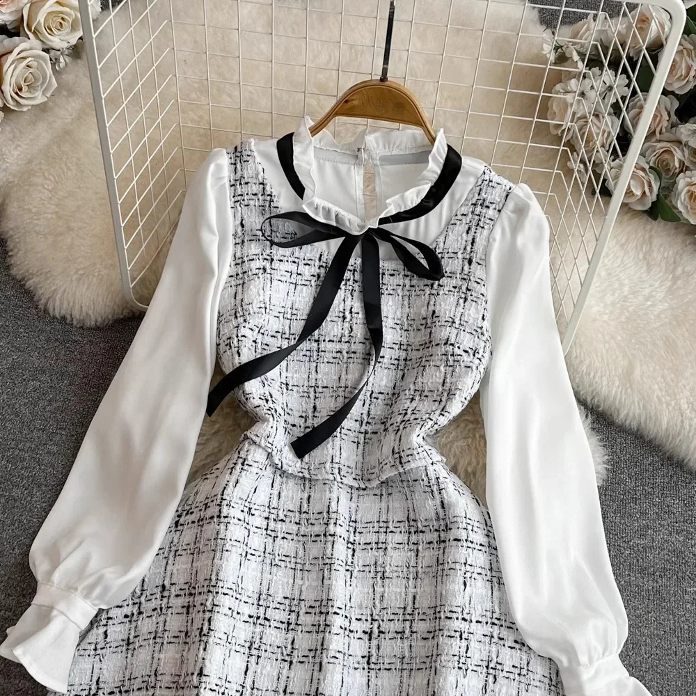 False Two Pieces Dresses for Women Plaid Patchwork Stand Collar Long Sleeve Tweed Vestidos Autumn Female Dress Drop 240824