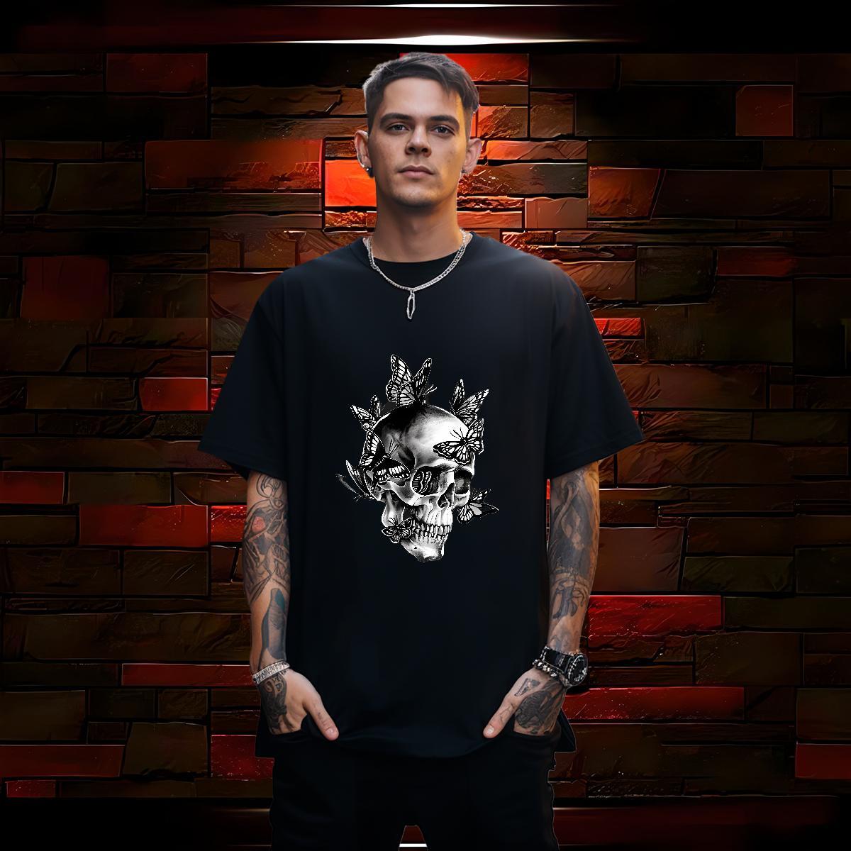 Free Shipping Men T Shirts 100% Cotton 230g butterfly High Street Hip Hop Skull Crew Neck Couples T Shirts Designer Fashion Tops Tees