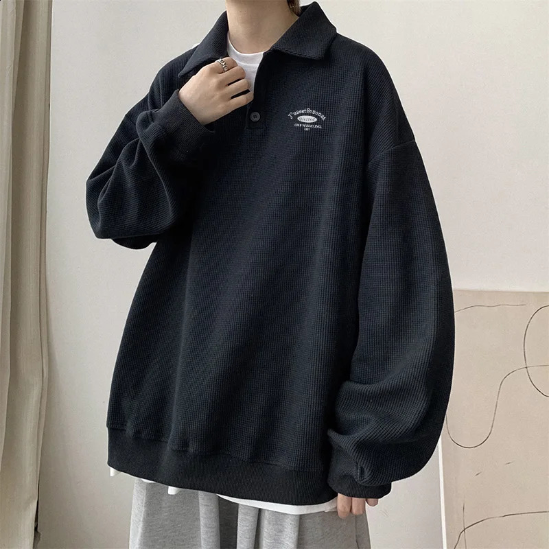 Long Sleeved Polo Shirt American Retro Pullover Collared Sweatshirt Gray Minimalist Men Spring Autumn Loose Fitting Clothing 240824