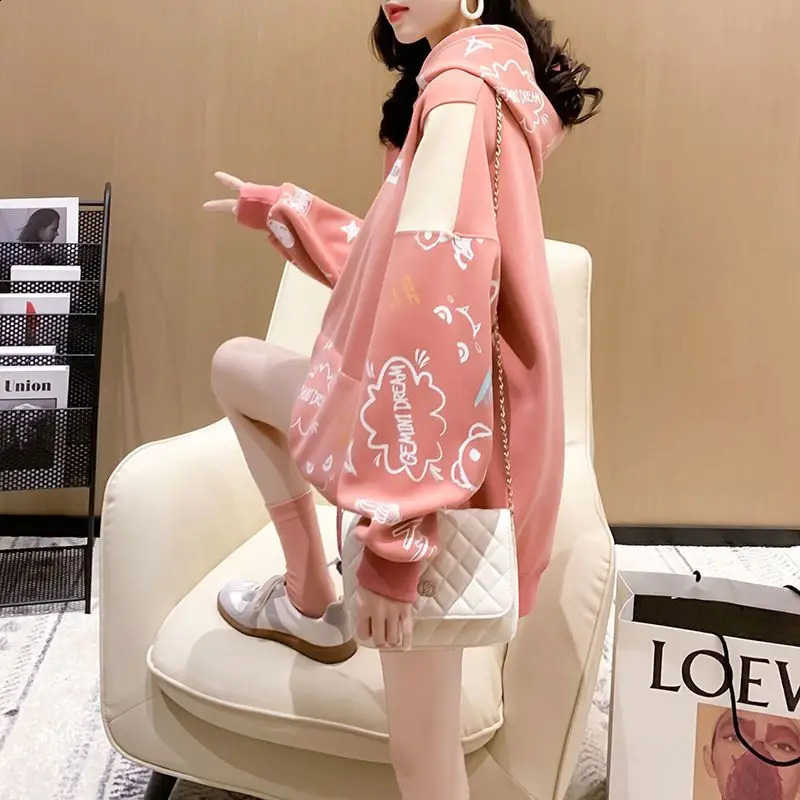 Streetwear Hoodies Pullovers Young Style Fashion Loose Patchwork Printing Pocket Long Sleeve Casual Womens Clothing 240824