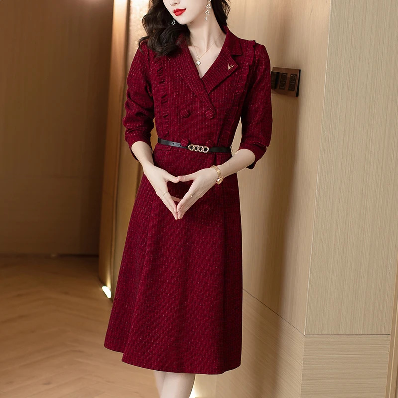 EVNISI Women Vintage Tweed Dress With Belt Button Long Sleeved Casual Office A-line Dresses Women Party Vestido Spring 240824