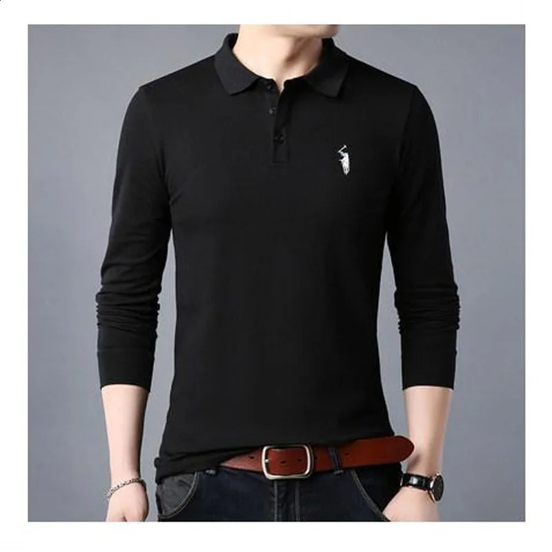 Autumn Mens Pure Cotton Lapel Patchwork Printed Simple Long Sleeved T-shirt Loose and Comfortable Casual Bottom Top 240824