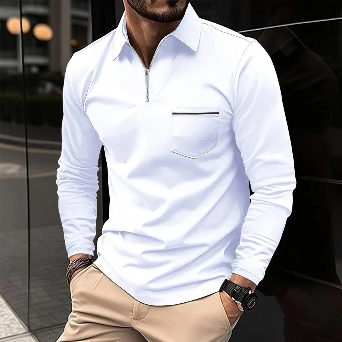 Spring Autumn Mens Daily Casual Simple Style Solid Color Zipper Splicing Pocket Breathable Slim Long-Sleeved Lapel Polo Shirt 240824