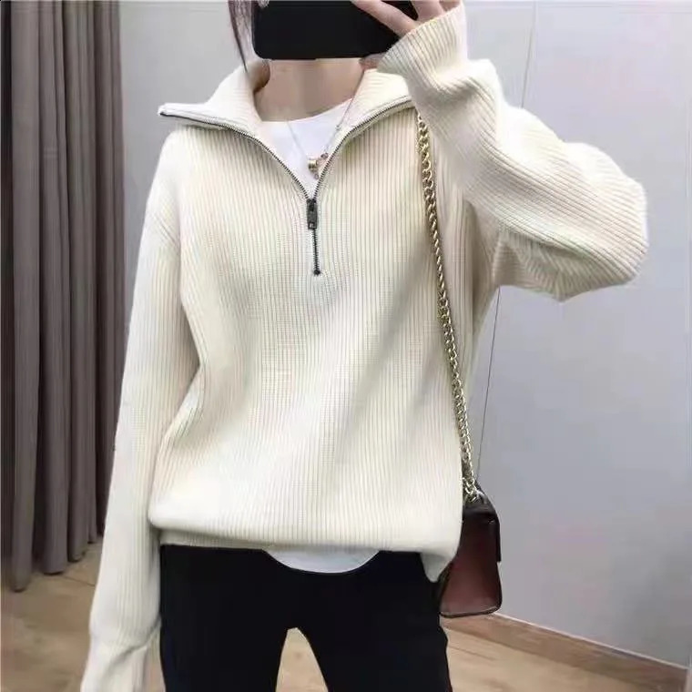 Female Knitwear Korean Style Chic Soft Solid Color Large Zipper Lapel Women Sweaters And Pullovers Fashion Knitwear CR187 240824