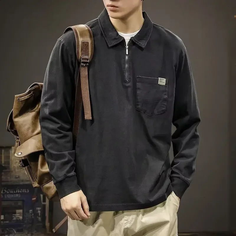 trendy Preppy Style Color Block Long Sleeve Polo Shirt Men Embroidery Letter Style Vintage Loose-fit Half-zip Sweatshirt 240824