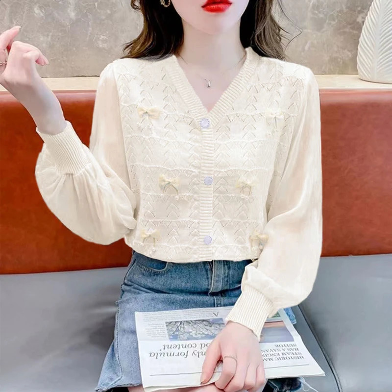 Women Clothing Spring Autumn Korean Fashion Bow Chic Sweet Patchwork Knitwears Female V Neck Long Sleeve Loose Pullover Tops 240824