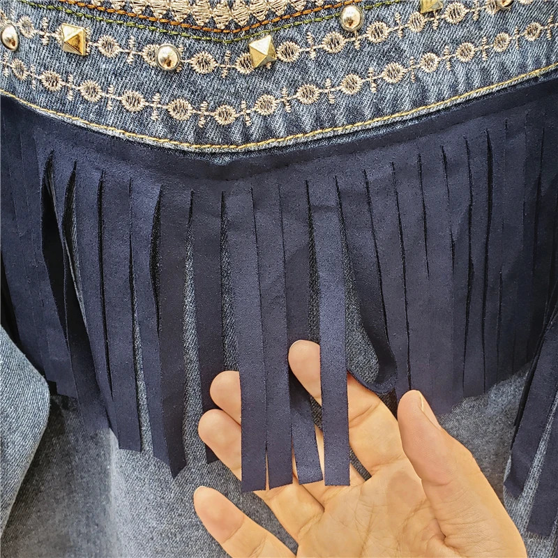 Denim Jacket Korean Floral Embroidery Suede Fringe Loose Chaquetas Mujer Coat Long Sleeve Outerwear Women Veste Femme 240824
