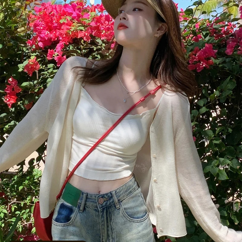 GAODINGLAN Summer Thin Knitted Cardigan Women Long Sleeve Ice Silk Sunscreen Shirt Female Solid Knitting Outwear Shawl Versatile 240824