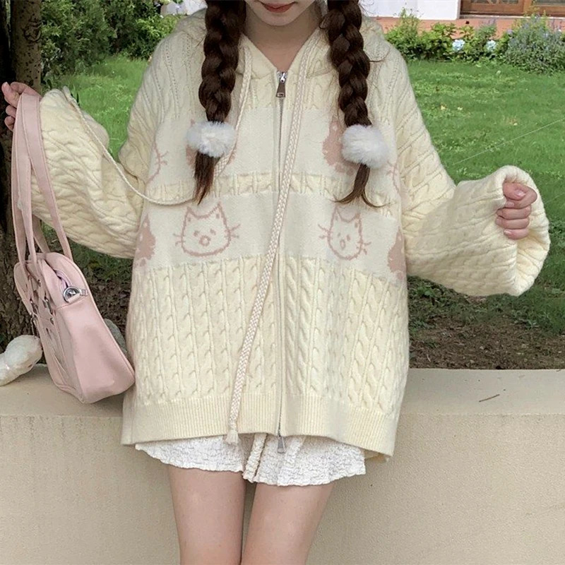 Japanese Anime Cats Kawaii Sweaters Oversized Cardigan Youth Women Students Knitwear Autumn Winter Jackets Coats Korean Trendy 240824