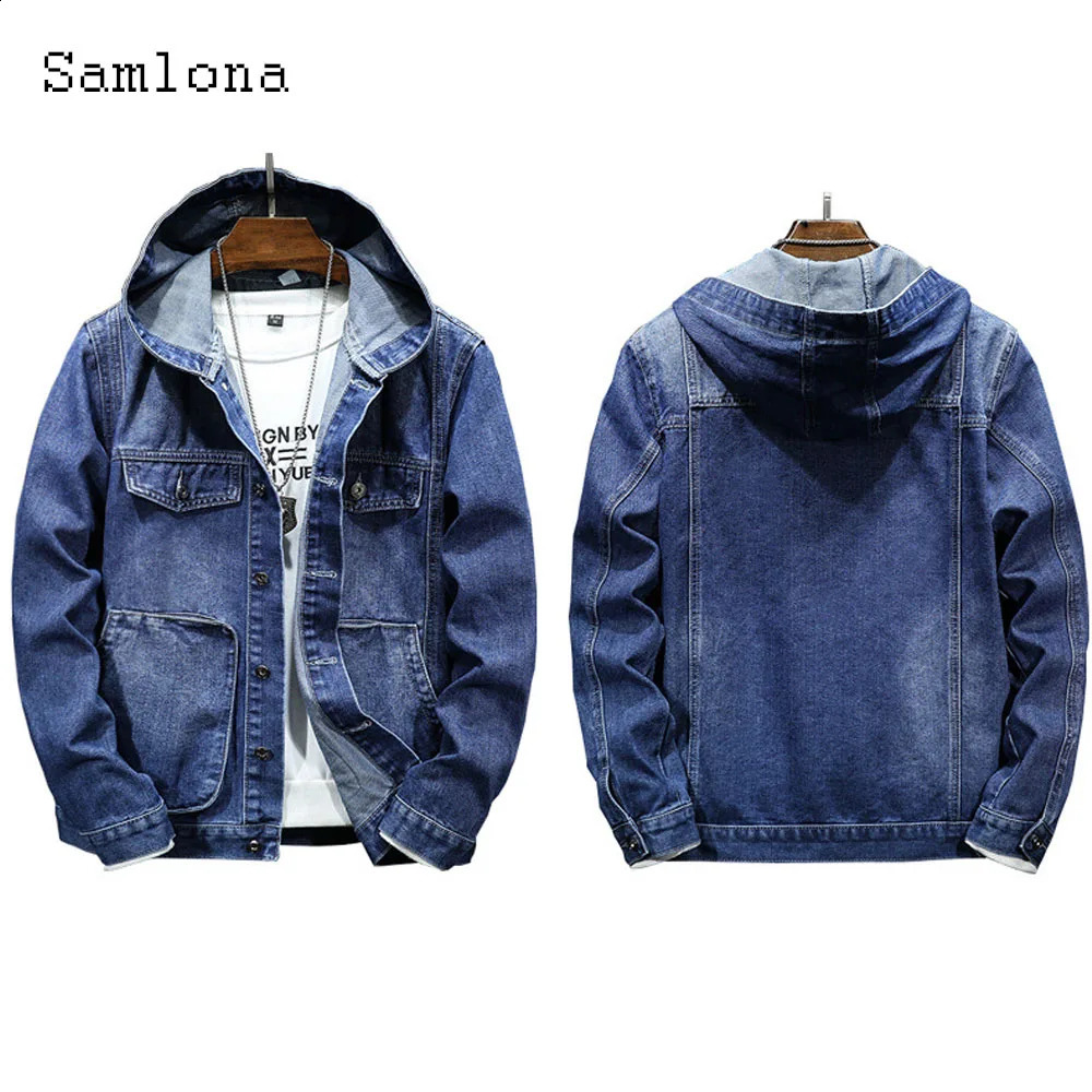 Plus Size 4xl 5xl Mens casual hooded denim jacket long sleeved multi pocket retro basic 240824