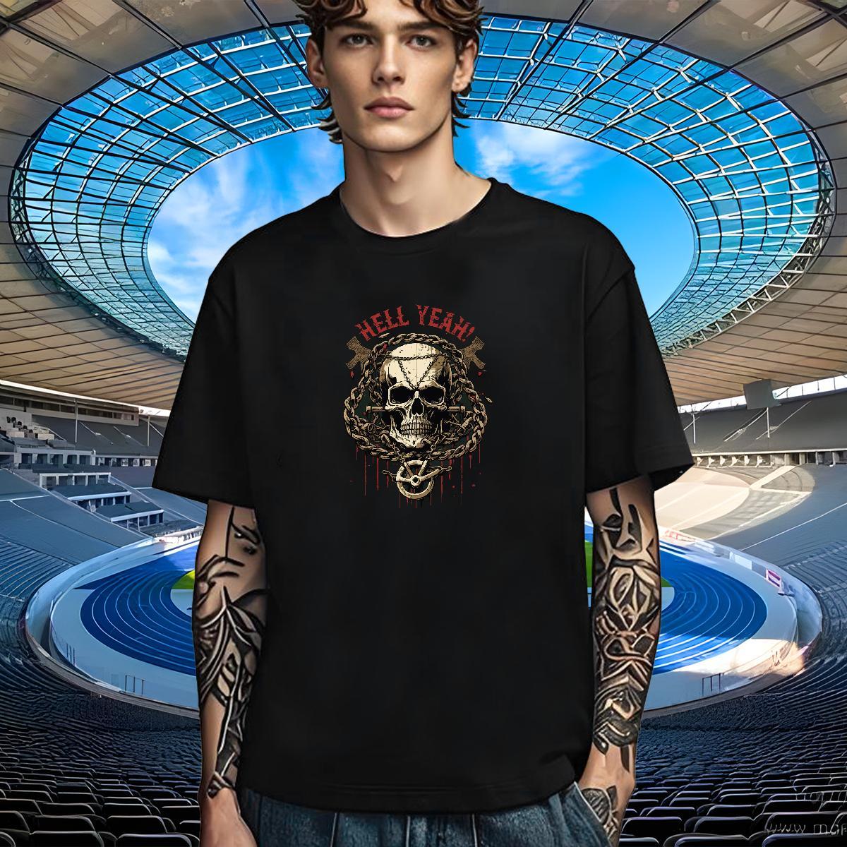 Comfortable T Shirts Men 230g Pure Cotton skull Hip Hop Street Customized Print Round Neck Short Sleeve Tshirts 2024 DIY Tops