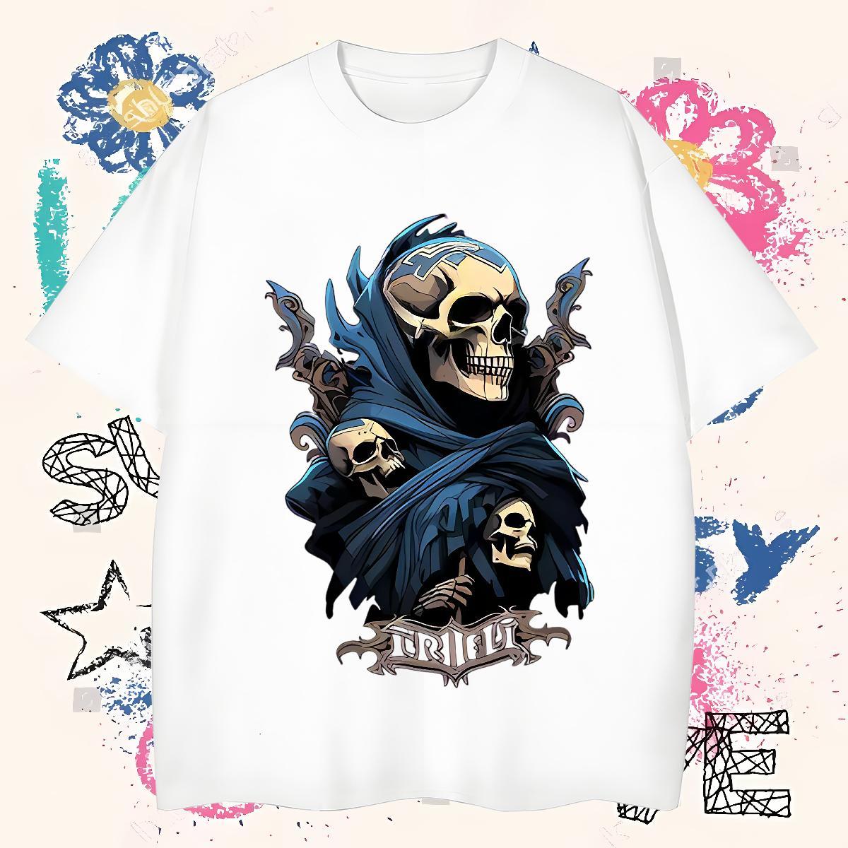 Popular Man T Shirts 230g Cotton skull Outdoor DIY Printed O-Neck Short Sleeve Men Clothes T-Shirt Fashion Tees Shirts