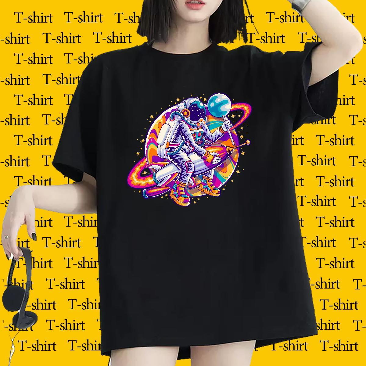 Female Lady T shirt 230g Cotton cosmonaut Sports Street Wear Woman T Shirts Breathable Anime Print Top Tees