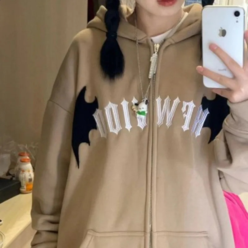 American Retro Little Devil Embroidered Zipper Hoodie Women Y2K Street Fashion Trend Joker Sweatshirt Couple Casual Loose Hoodie 240824
