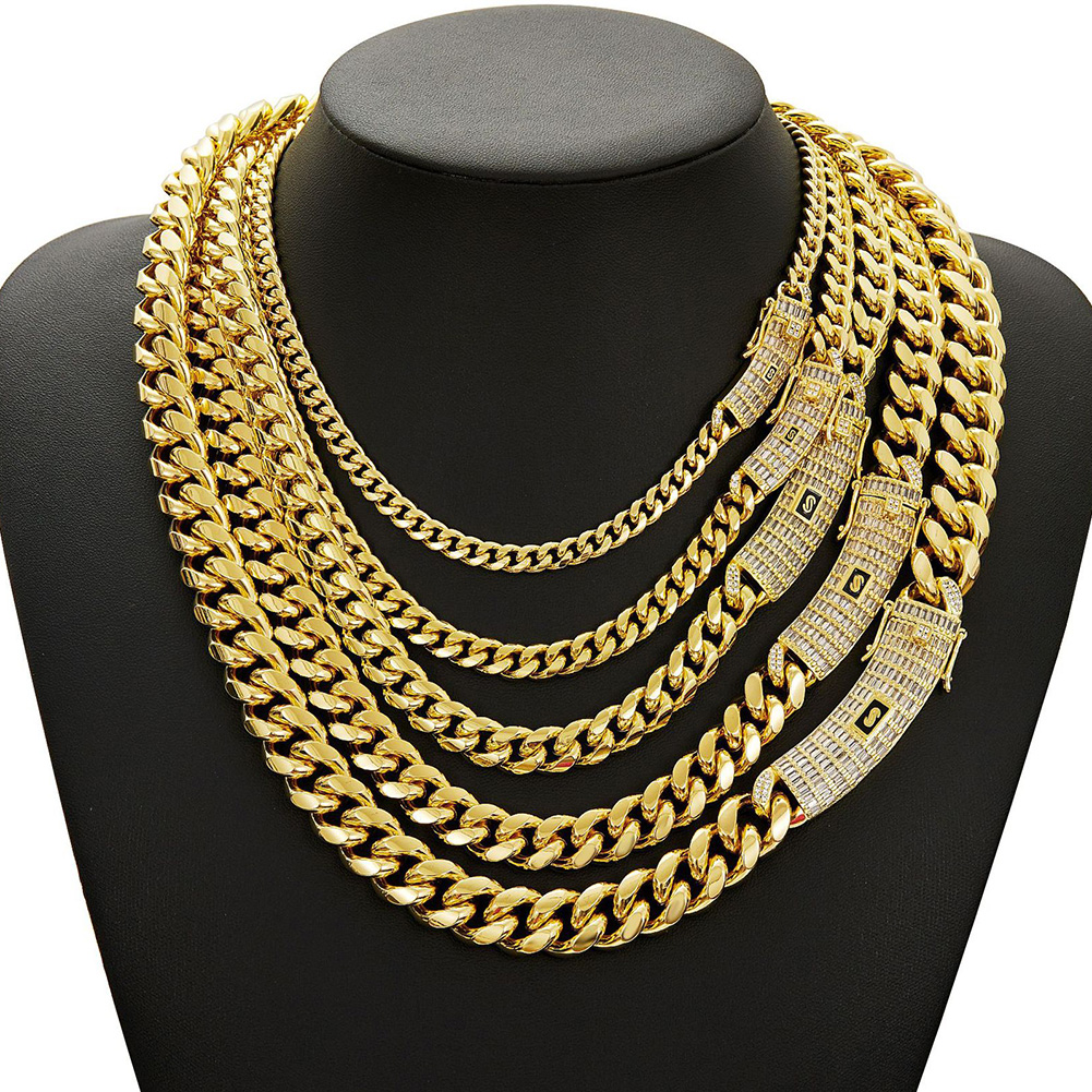 6-14mm Solid Stainless Steel Miami Cuban Chain Necklace Bracelets T Zircon Long Clasp 14K Gold Plated Jewelry