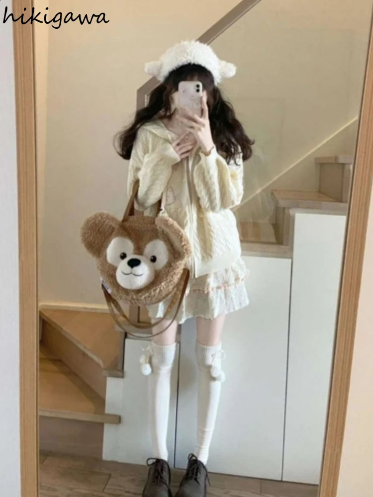 Knitwear Cardigan Tops Women Clothing Sueter Mujer Cute Cat Japanese Pull Femme Hooded Casual Knitted Oversized Sweater Coat 240824