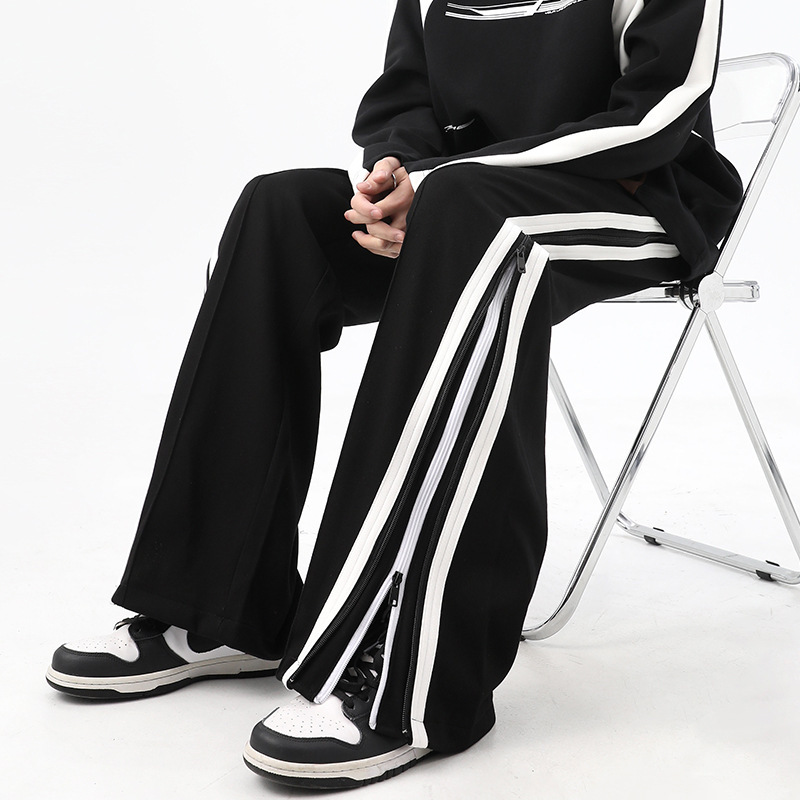 American High Street Double Zipper Striped Hanging Wide Leg Pants for Men Spring Casual Sports Pants Design Pants