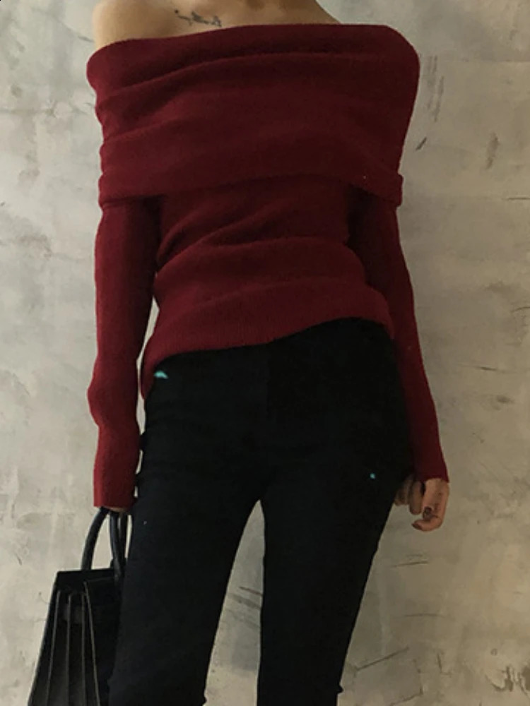 OCEANLOVE Slash Neck Solid Women Sweaters Korean Fashion Vintage Autumn Winter Pullovers Elegant Off Shoulder Slim Pull Femme 240824