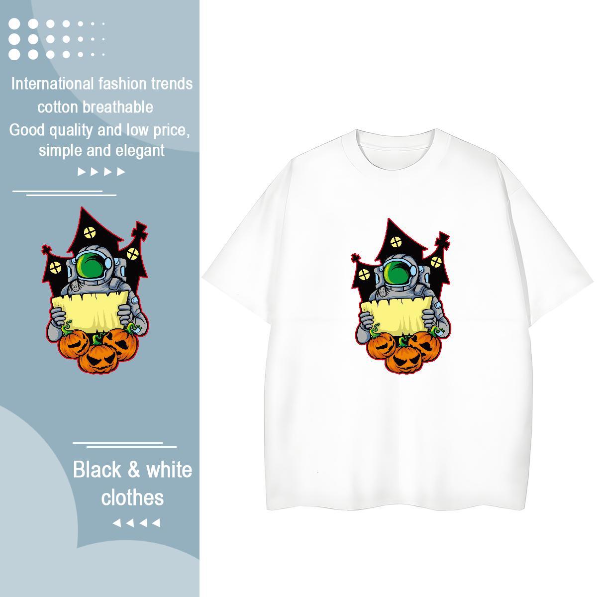 Loose fit Women Tshirts 230g Cotton cosmonaut Summer Casual T shirt O Neck Short Sleeves Black White Tee Shirt