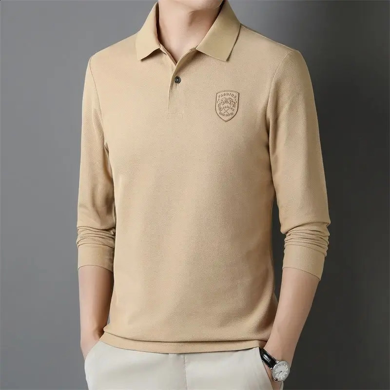 Spring Mens Fashion Versatile Pure Cotton Polo Collar Printed Long Sleeve Shirt Autumn Multi Color Business Casual Top 240824