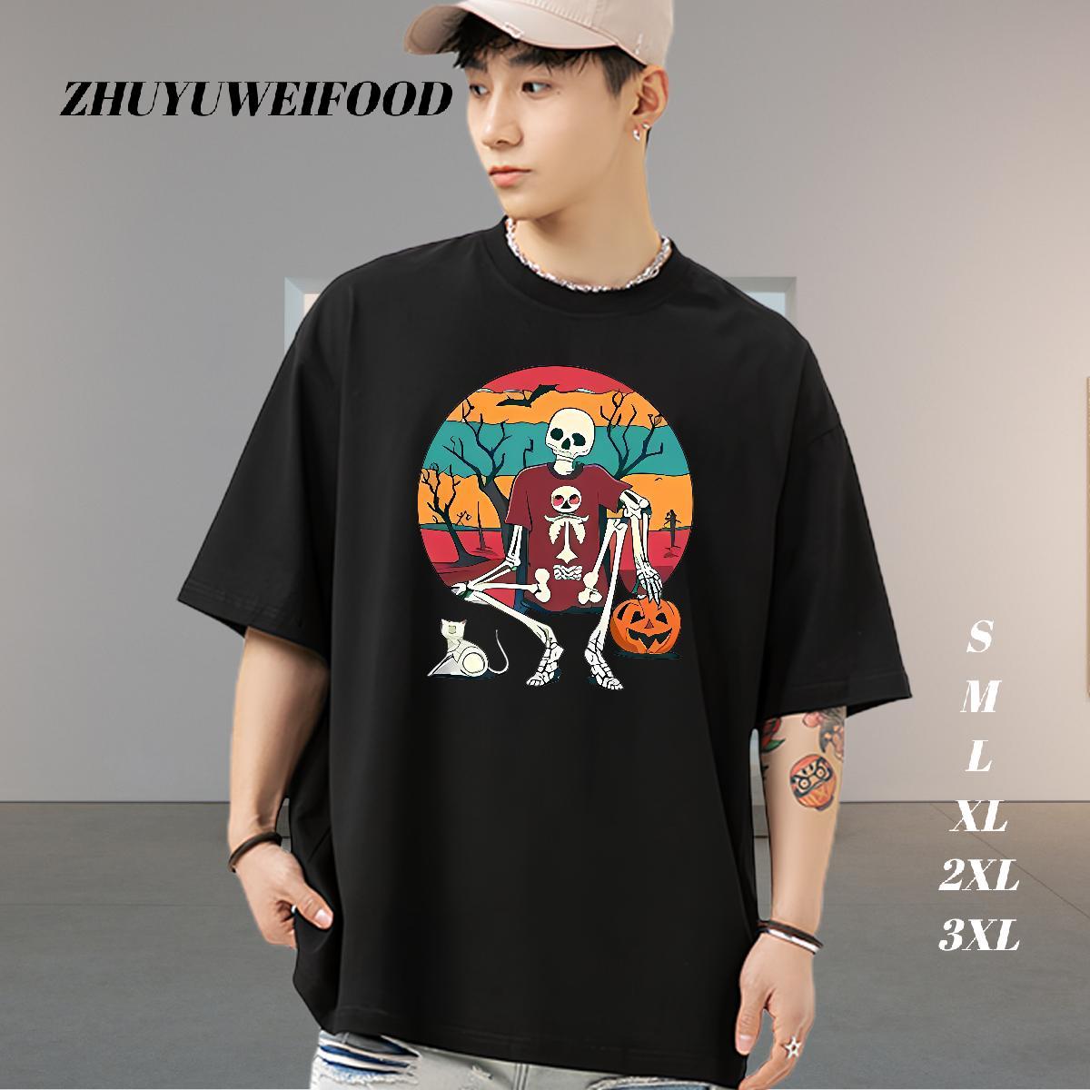 Loose Fit T-Shirts for Men 230g Pure Cotton halloween Street Casual Anime Print Crew Neck Men Clothes T-Shirt New Arrival Wear