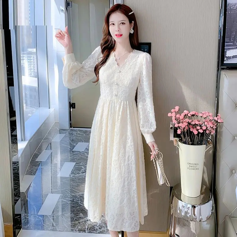 Autumn and Winter Female Elegant V-collar Mid-Length Tweed Dress Womens Lace-up Long Sleeve Waist-Slimming T686 240824