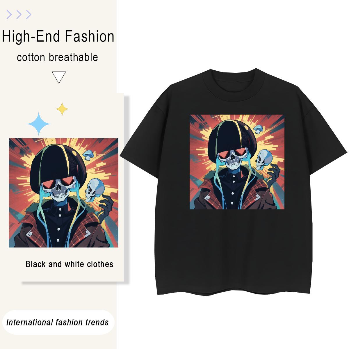 Unisex T shirt 230g 100% Cotton skull High Street Hip Hop Plus Size Cartoon Short Sleeve O-Neck Couples T Shirts 2024 Clothings
