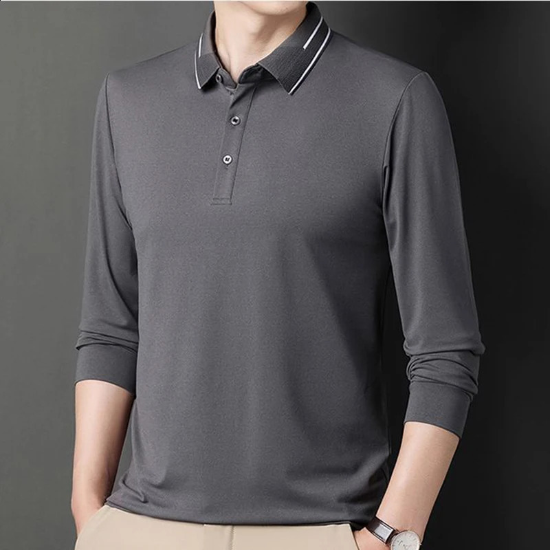 Mens Solid Long Sleeve T-shirt Polo Spring Autumn Casual Loose Bottom Casual Business Clothing Fashion Button Shirts 240824