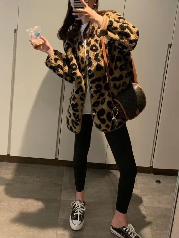womens casual jacket single chest faux fur leopard print long sleeved winter clothing outerwear streetwear 240824
