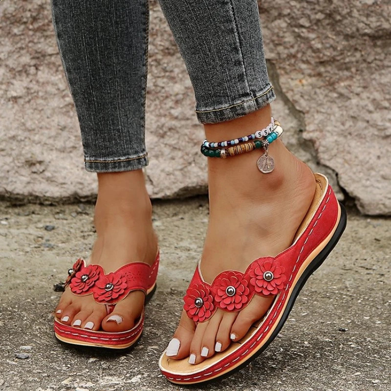 Womens slippers Sweet Three Flowers platform sandals soft casual womens flip cover 240823