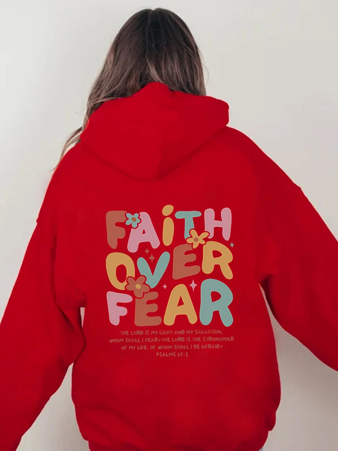 FAITH OVER FEAR style letter fashion printing hooded back collar plus velvet sweater for women 240824