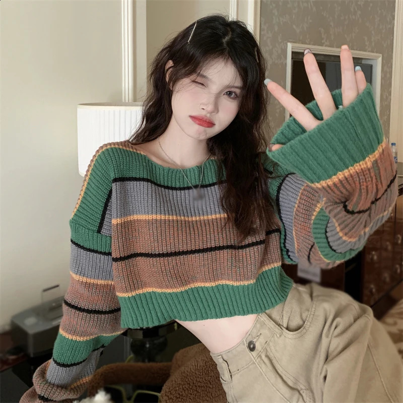 Striped long sleeved sweater for womens loose fitting and slimming outer wear knitted top 240824