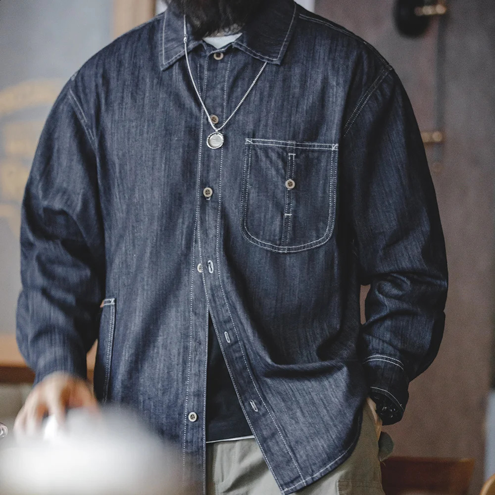 Maden vintage large pocket washed denim shirt mens casual 240g button up long sleeved Amekaji loose workwear top 240824