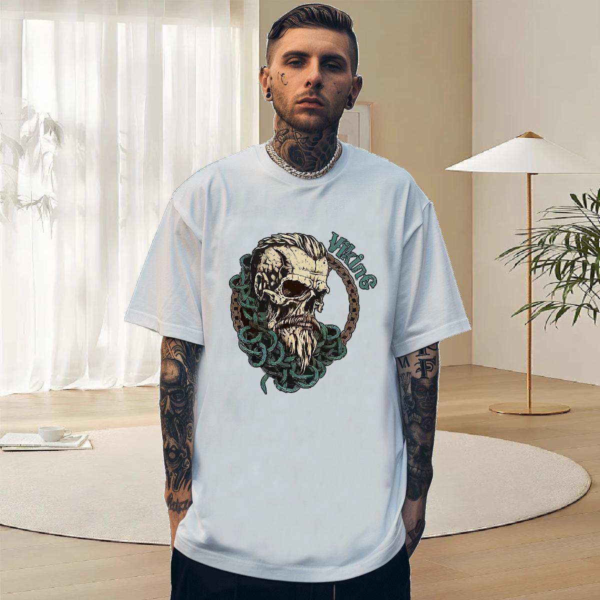 Popular T Shirts Men 230g Pure Cotton skull Home Outdoor DIY Printed O Neck Short Sleeves Men Tees 2024 New Tops