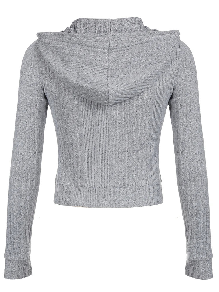 Gray Zip Up Knitted Hooded Jackets Women Pockets Details Solid Simple Basic Minimalist Slim Long Sleeve Hoodies Knitwear 240824