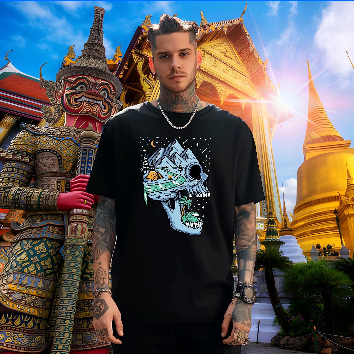Cool Design T Shirts Men 230g 100% Cotton skull Casual Black Oversized Breathable Short Sleeve Men Tshirts 2024 DIY Polos