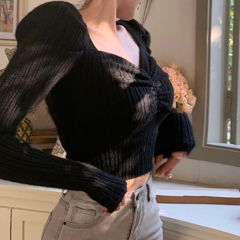 Puff Long Sleeve Womens Knitted Top Versatile Solid Colour Slim Fit Fashion Korean Version V-Neck Short T-shirt Sweater Autumn 240824