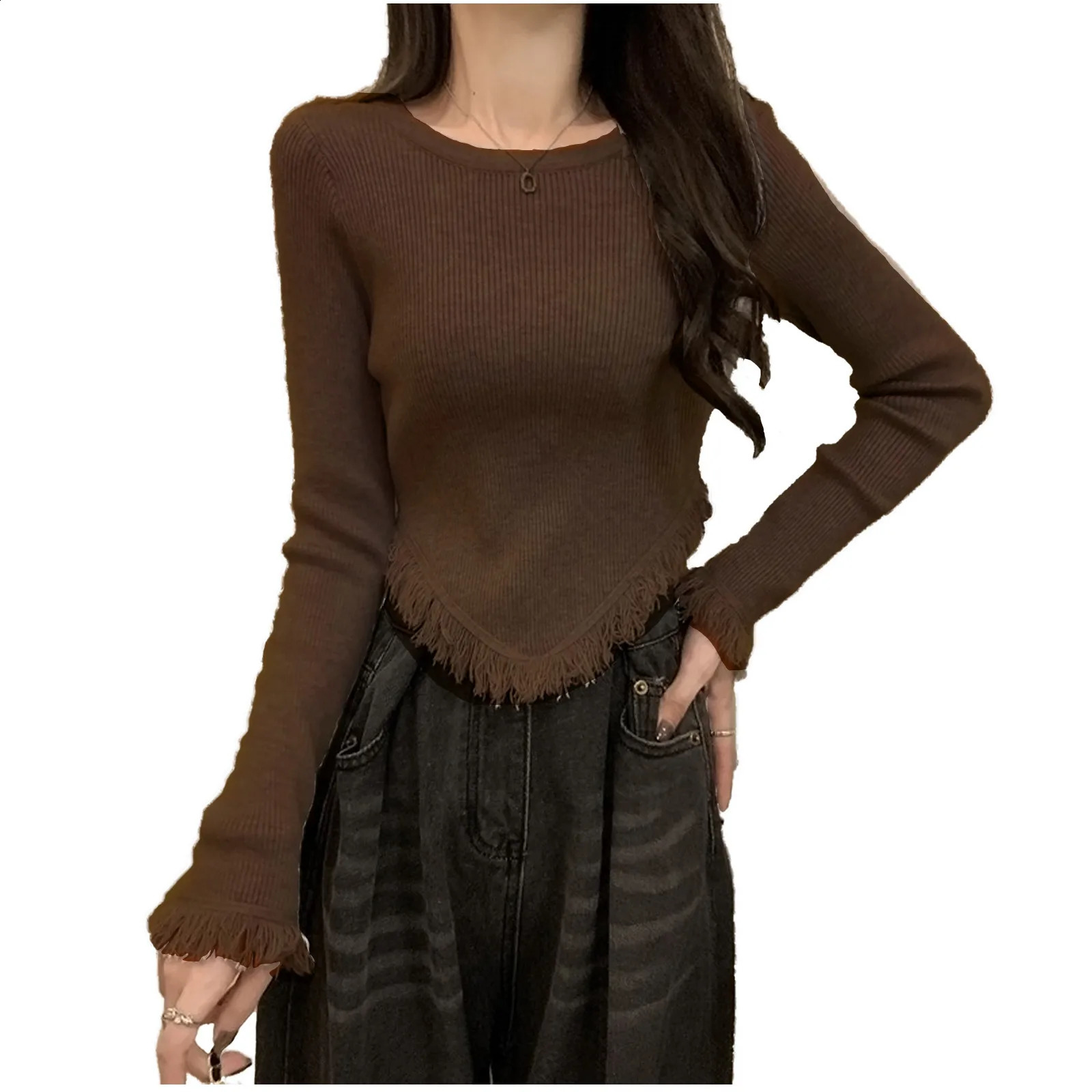 irregular Korean Style Knitted Sweater pullover Tassel T Shirt Women Long Sleeve Shirt Y2k Vintage Streetwear E Crop Tops 240824