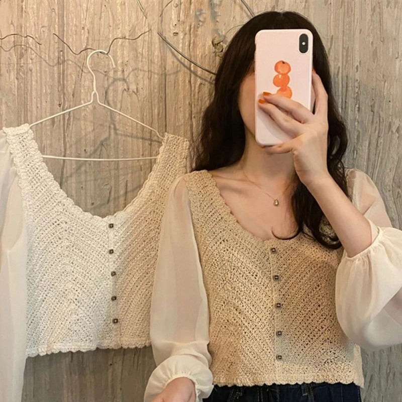 Women French Puff Long Sleeve Cropped Cardigan Neck Button Down Hollow Crochet Knit Solid for Jacket 240824